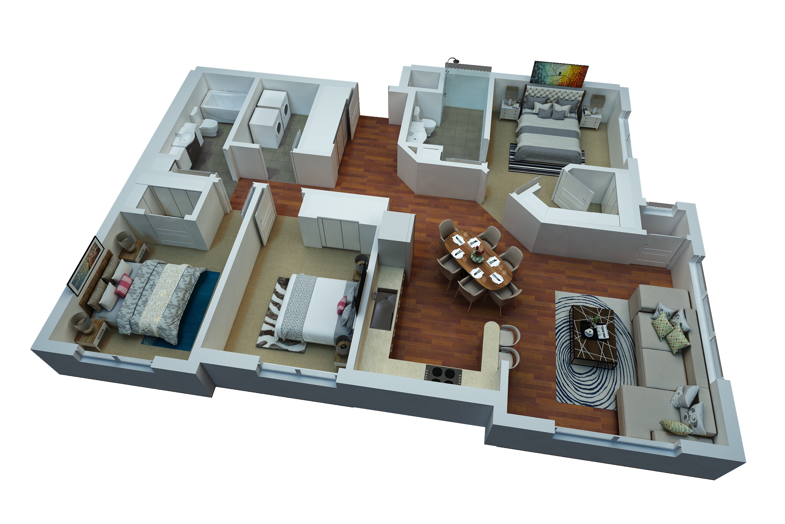 Floor plan for 3 beds, 2 baths, 1164 sqft